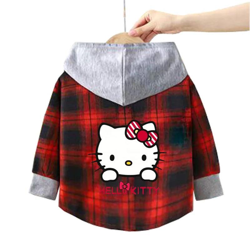 Kitty-Inspired Cute & Casual Hello Hooded Plaid Kids Shirt Outfit (1-12 Years) - JVMCL