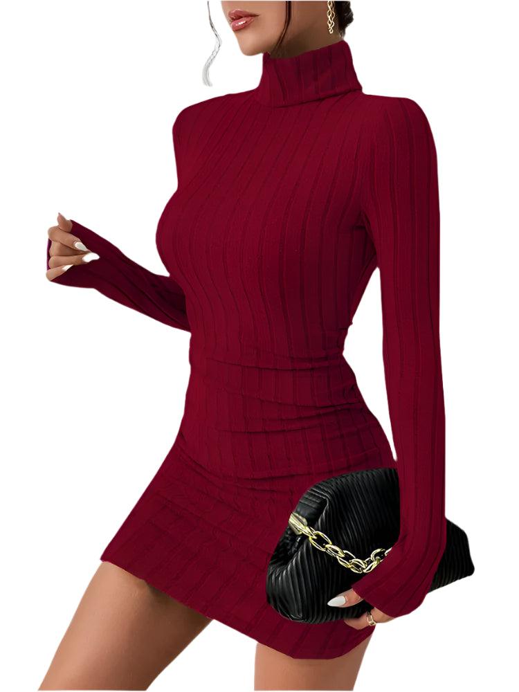 Sexy Slim-Fit Long Sleeve High Street Knitted Turtleneck Bodycon Mini Dress - JVMCL