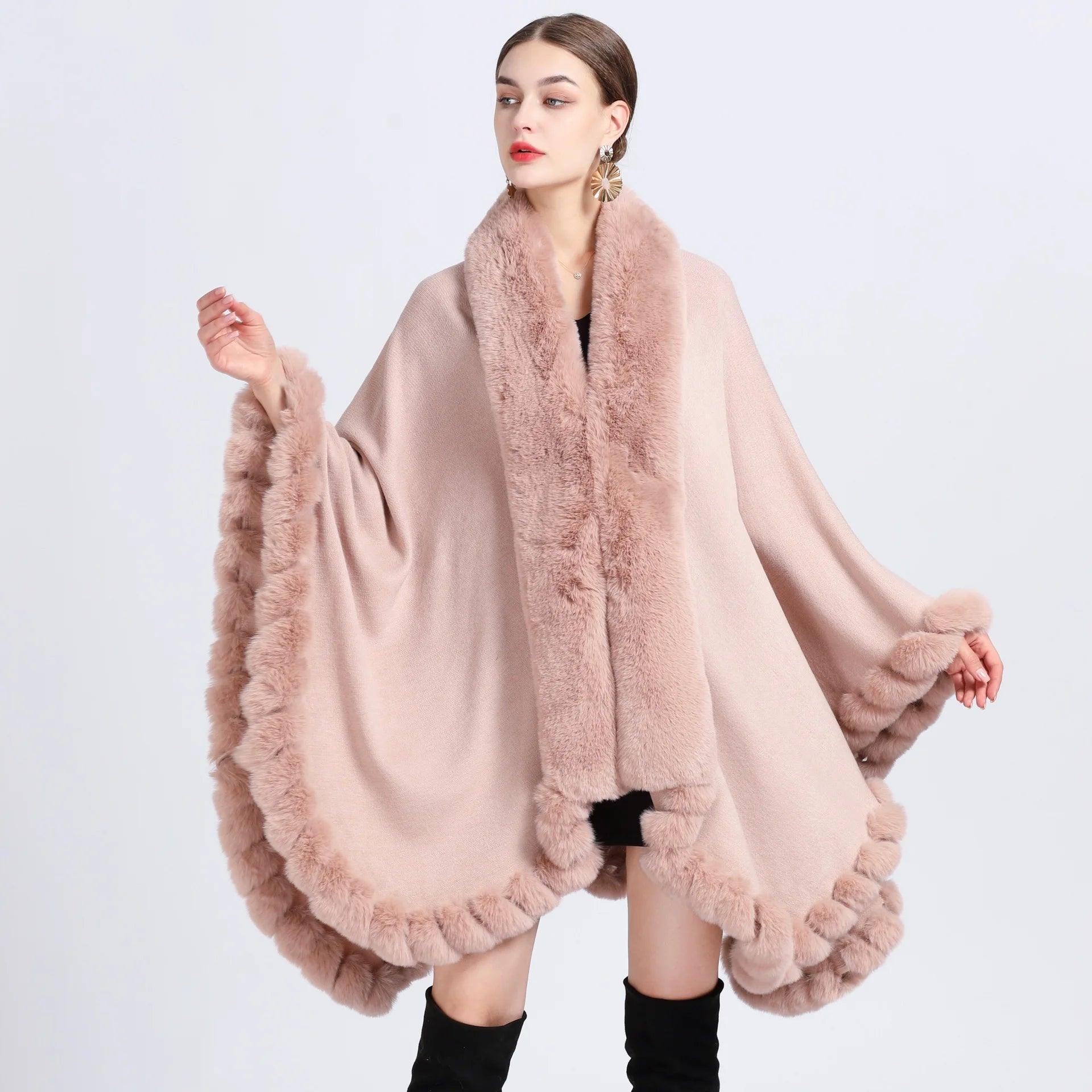 Women's Winter Thicken Shawl - Faux Rabbit Fur Long Poncho Cape Cloak - JVMCL