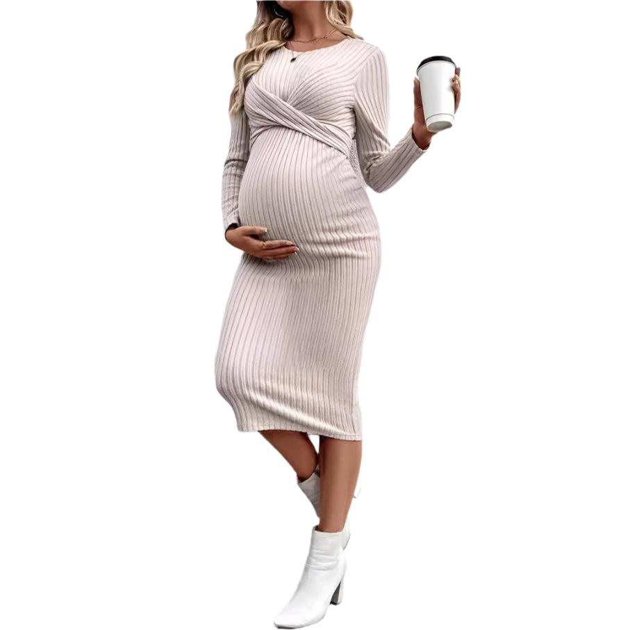 Elegant Knit Maternity Dress –Slim Fit Solid Color Long Sleeve Sheath for Autumn - JVMCL