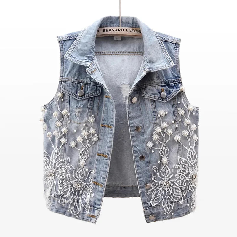 Ripped Pearl Denim Vest –  Casual Streetwear Trendy Sleeveless Waistcoat