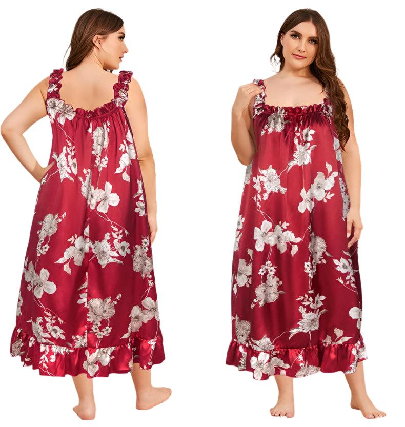 Red Flower Print Satin Nightgown - Plus Size Sleeveless Summer Sleepwear - JVMCL