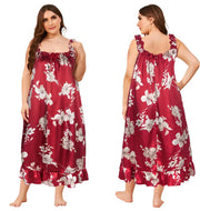 Red Flower Print Satin Nightgown - Plus Size Sleeveless Summer Sleepwear - JVMCL