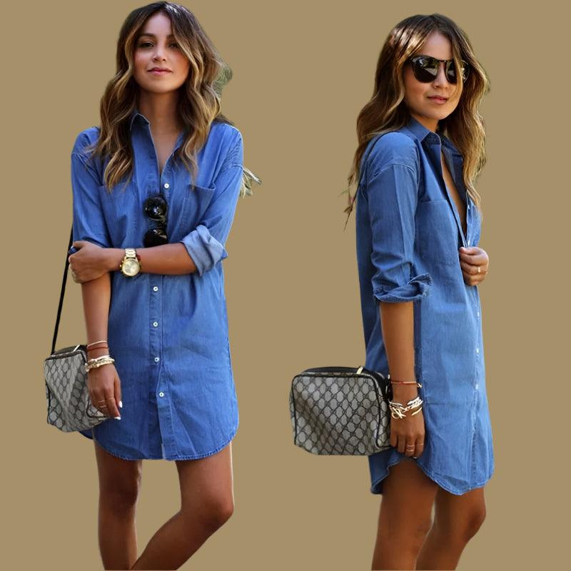 Casual Denim Shirt for Women - Solid Color Vintage Oversized Style - JVMCL