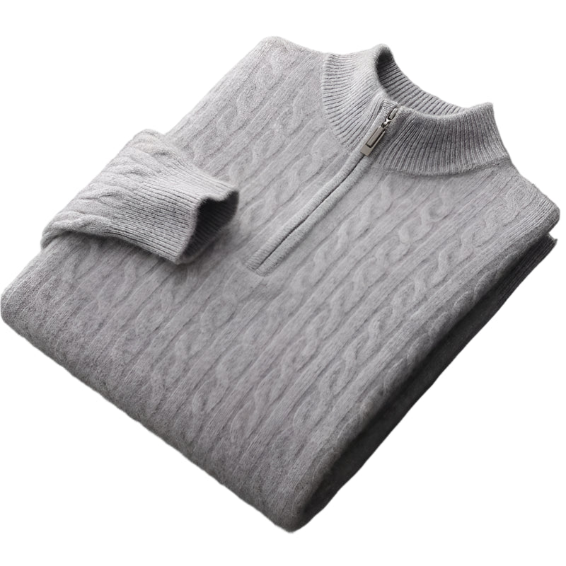 Thick Padded Knit Zipper Collar Pullover Men’s 100% Merino Cashmere Sweater - JVMCL