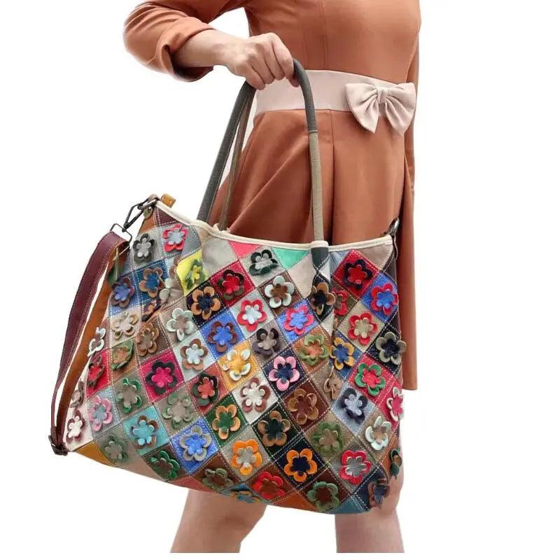 Multi-Colorful Real Leather Floral Tote – Luxury & Artistic Elegance - JVMCL