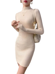 Women Mock Neck Long Sleeve Knit Sexy Bodycon Dress Autumn Winter - JVMCL