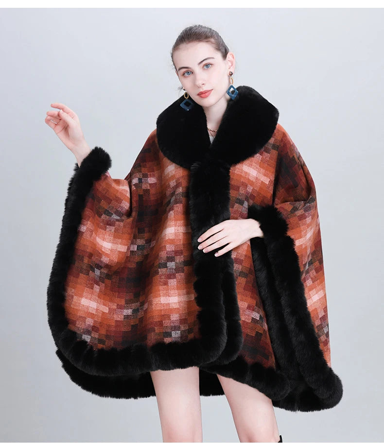 Women's Thicken Lining Woolen Faux Rabbit Fur Cloak Overcoat - Vintage Winter Cape - JVMCL