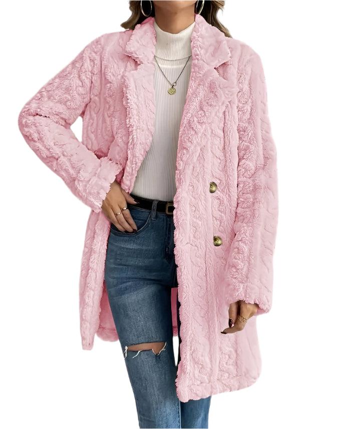 Women's Casual Double-Breasted Wool Coat – Warm Coral Velvet Long Jacket - JVMCL