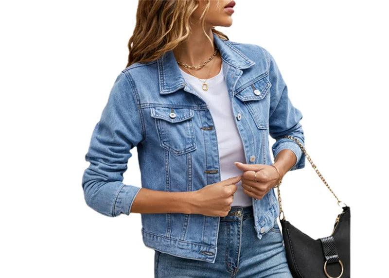 Women's Short Slim Denim Jacket -Casual Fall/Winter Jean Coat with Patch Details - JVMCL