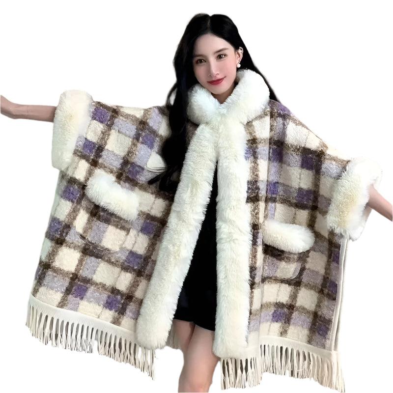 Hooded Overcoat Plaid Faux Lamb Fur Women’s Long Thick Velvet Poncho Cloak - JVMCL