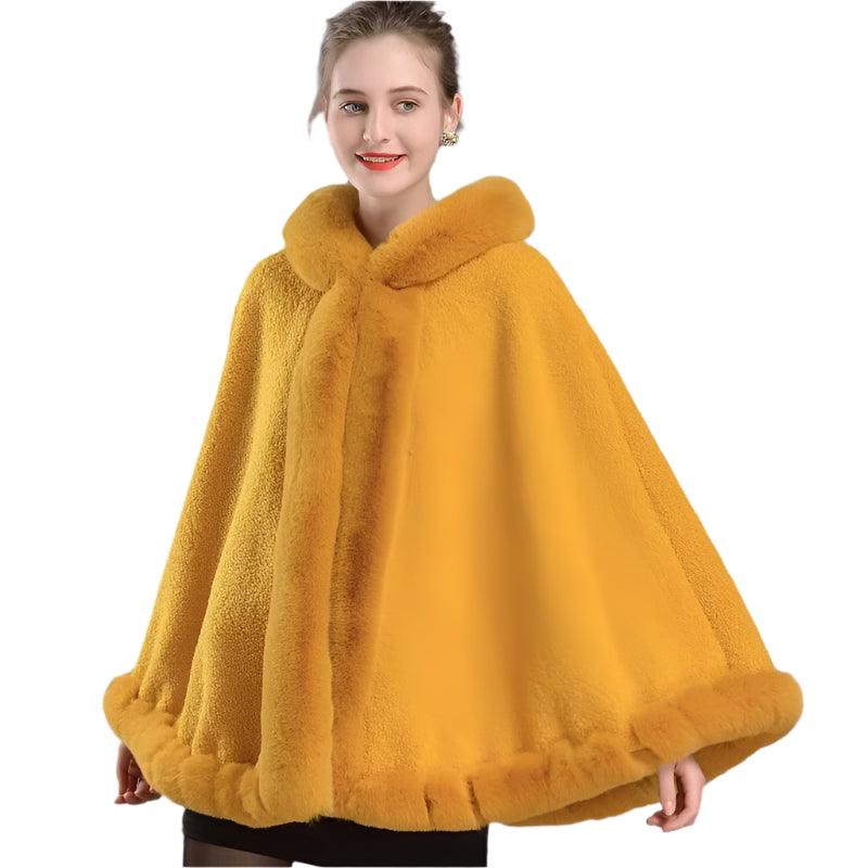 Luxury Winter Rabbit Fur Collar Poncho Cape – Elegant & Cozy Outstreet Mantle - JVMCL