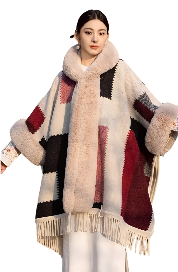 Luxury Women’s Faux Fur Wool Blend Cape Coat – Hooded Long Winter Cardigan Wrap - JVMCL