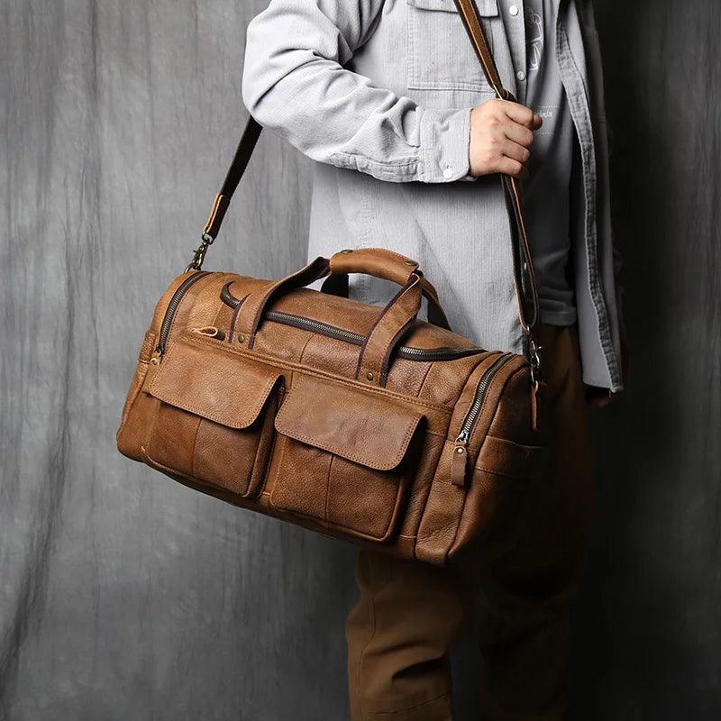 Retro Men's Genuine Leather Travel Duffel Bag – Large Capacity Hand Luggage & Messenger Bag - JVMCL