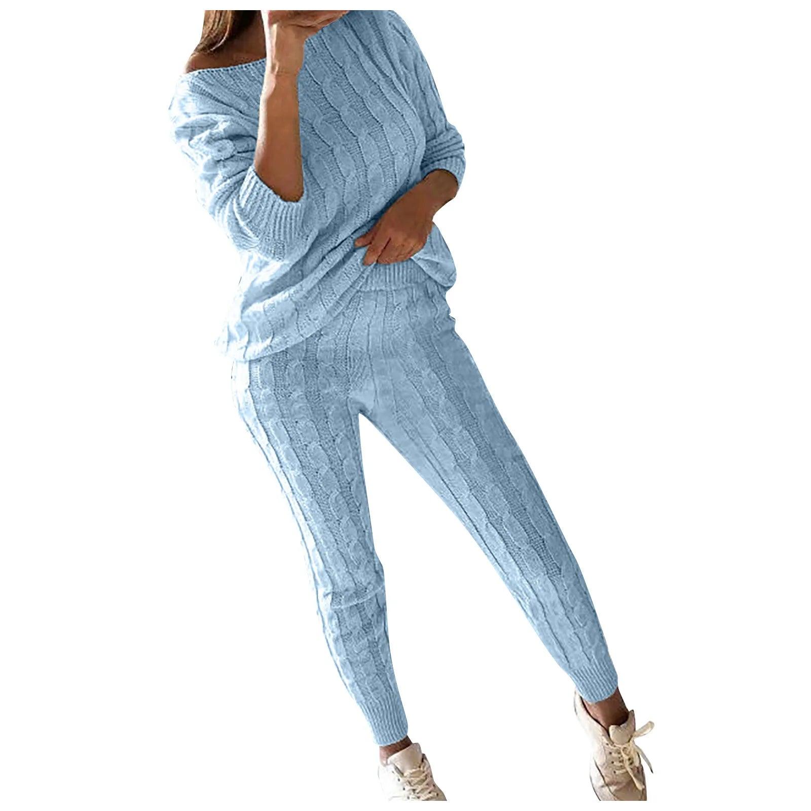 Women's Solid Color Knitted 2-Piece Set - Sweater Top & Pencil Pant - JVMCL