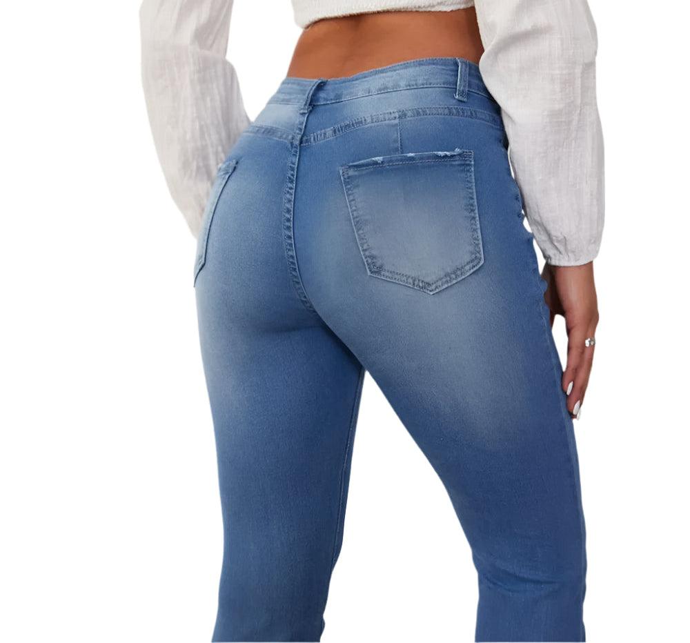 Easy to Style Flattering Women High Cut Ripped Denim Flare Pants - JVMCL