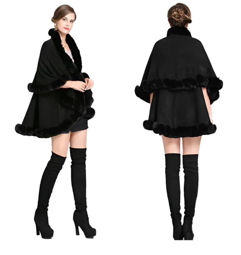 Elegant Outstreet Faux Fox Fur Collar Two-Layer Poncho Cape Cardigan Coat - JVMCL