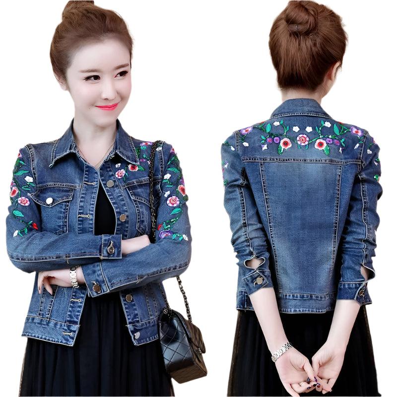 Vintage Slim Women Floral Patterned Slim Outwear Casual Denim Jacket - JVMCL