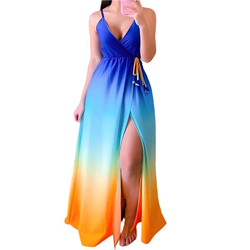 Gradient Print Maxi Sundress – Sexy V-Neck Spaghetti Strap Summer Dress - JVMCL