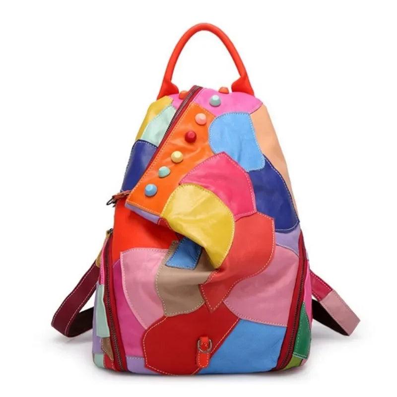 Women's Genuine Leather Backpack –Vintage Bucket Schoolbag with Patchwork Design - JVMCL