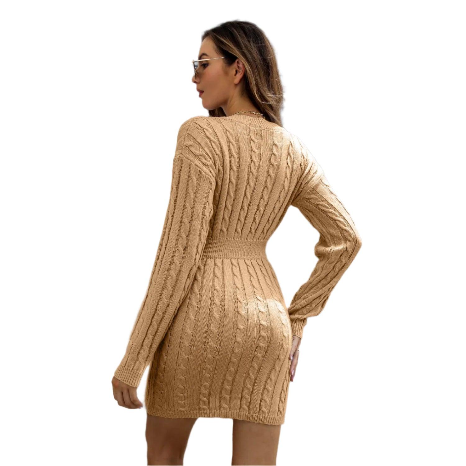 Knitted Solid Color V-neck Long-Sleeved Twist Waist Hip-Covering Sweater Dress - JVMCL