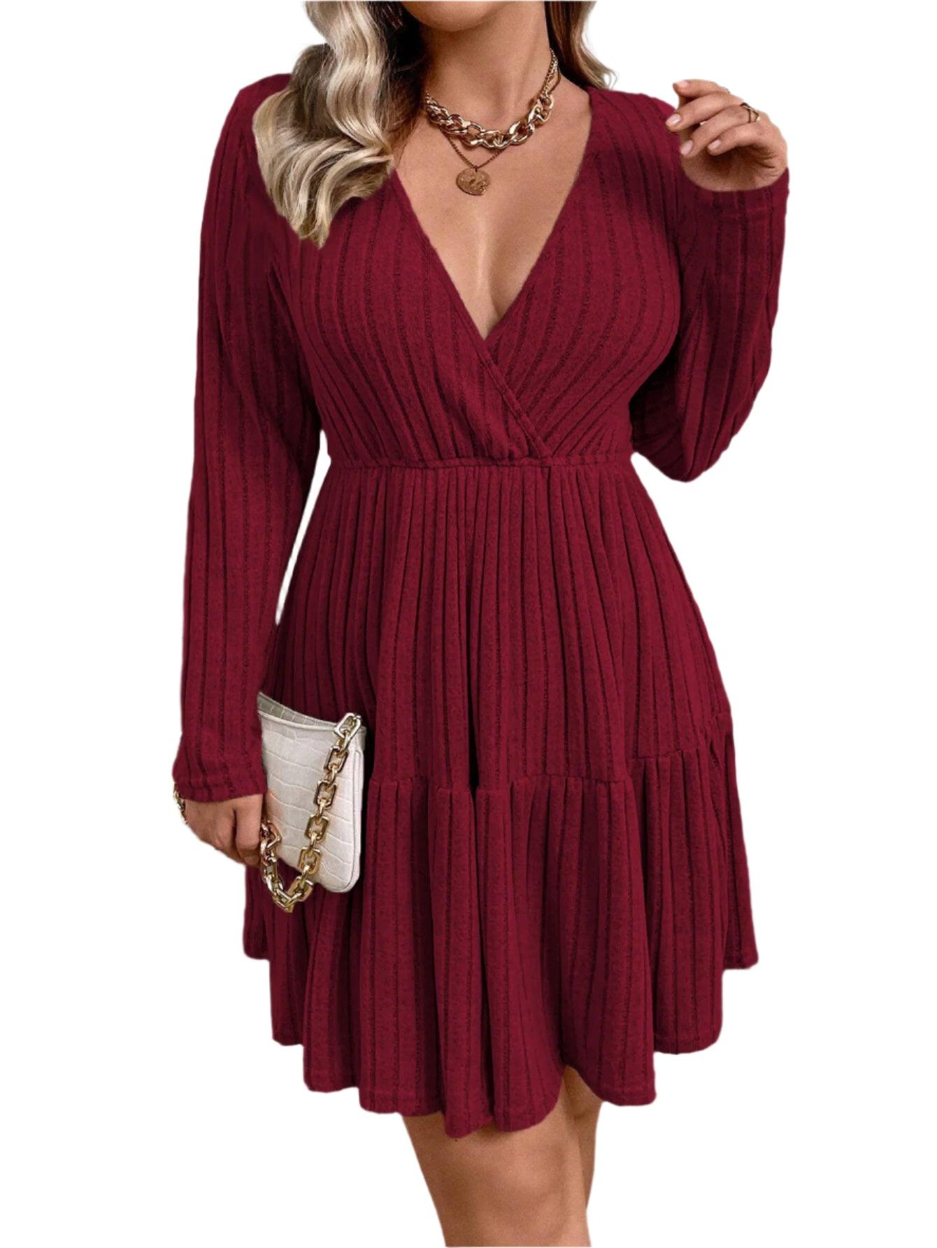 Winter Solid Plus Size Knitted Dress Women Casual V-Neck Long Sleeve Sweater Dress Ladies Elegant Large Pleated Short Dress - JVMCL