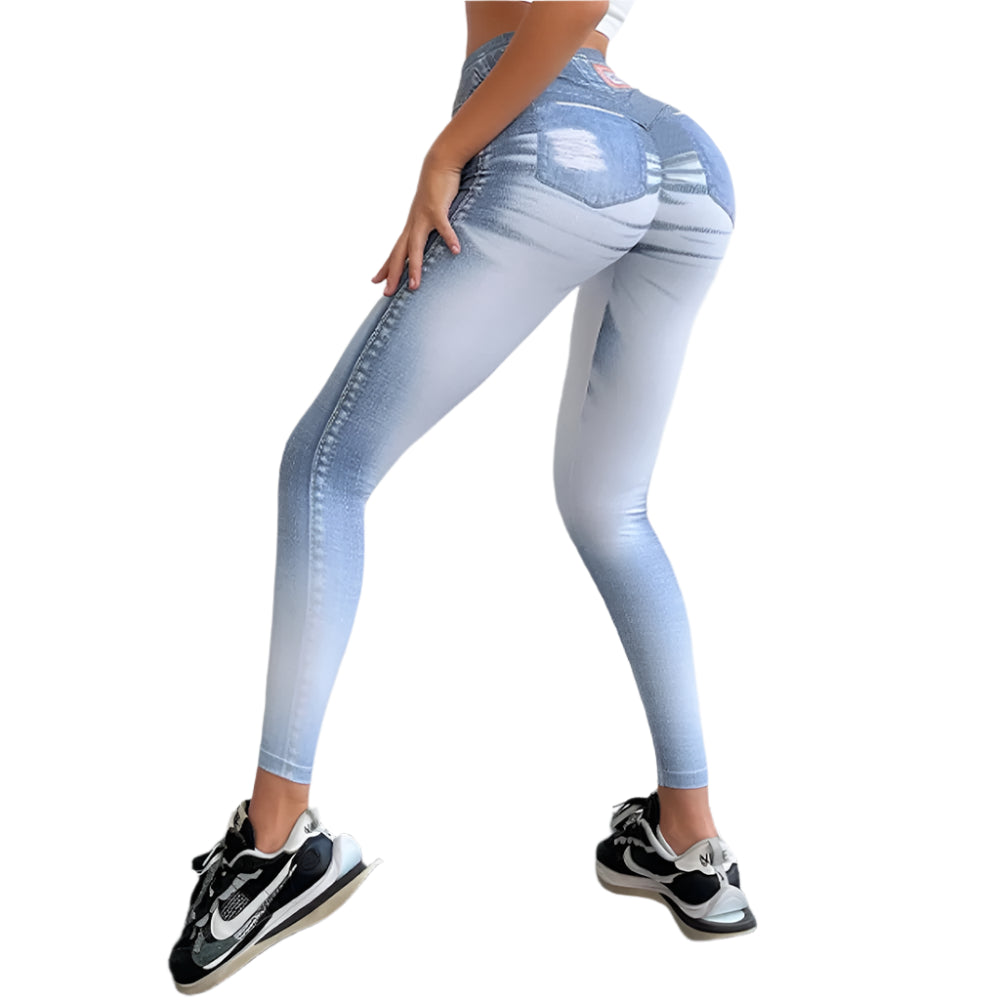 Zipper Denim Print High-Waist Push-Up Leggings – Stylish & Sporty Workout Tights - JVMCL