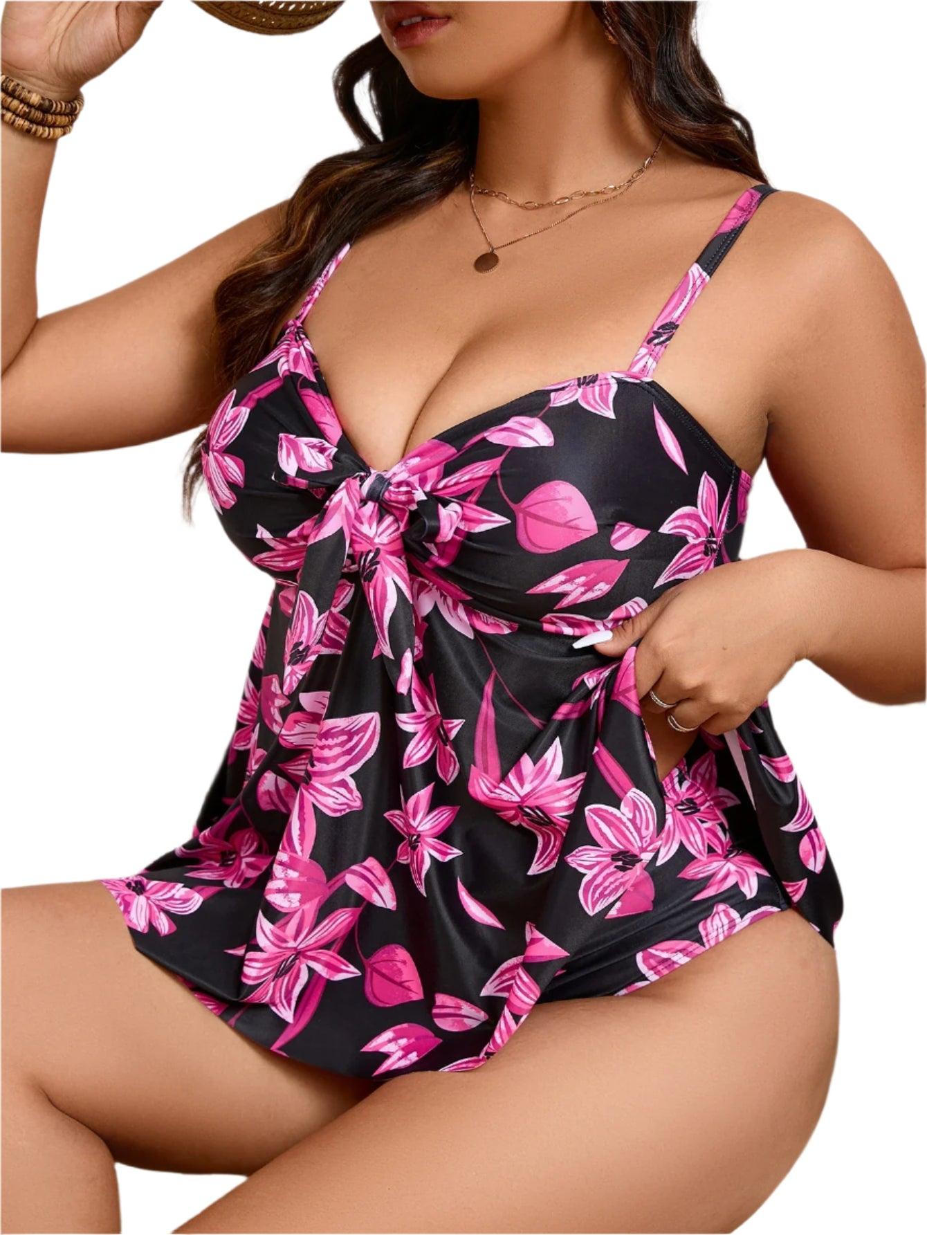 Floral Plus Size Two-Piece Swimsuit – Push-Up Beach Dress with Shorts for Women - JVMCL