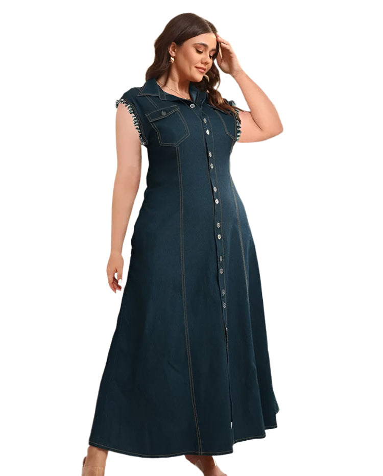 Elegant Button-Up Summer Fashion Denim Plus Size Sleeveless Maxi Dress