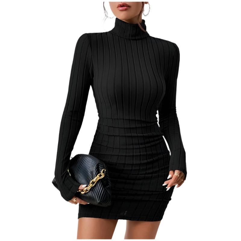 Sexy Slim-Fit Long Sleeve High Street Knitted Turtleneck Bodycon Mini Dress - JVMCL