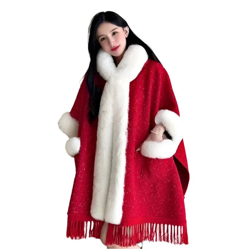 Hooded Overcoat Plaid Faux Lamb Fur Women’s Long Thick Velvet Poncho Cloak - JVMCL