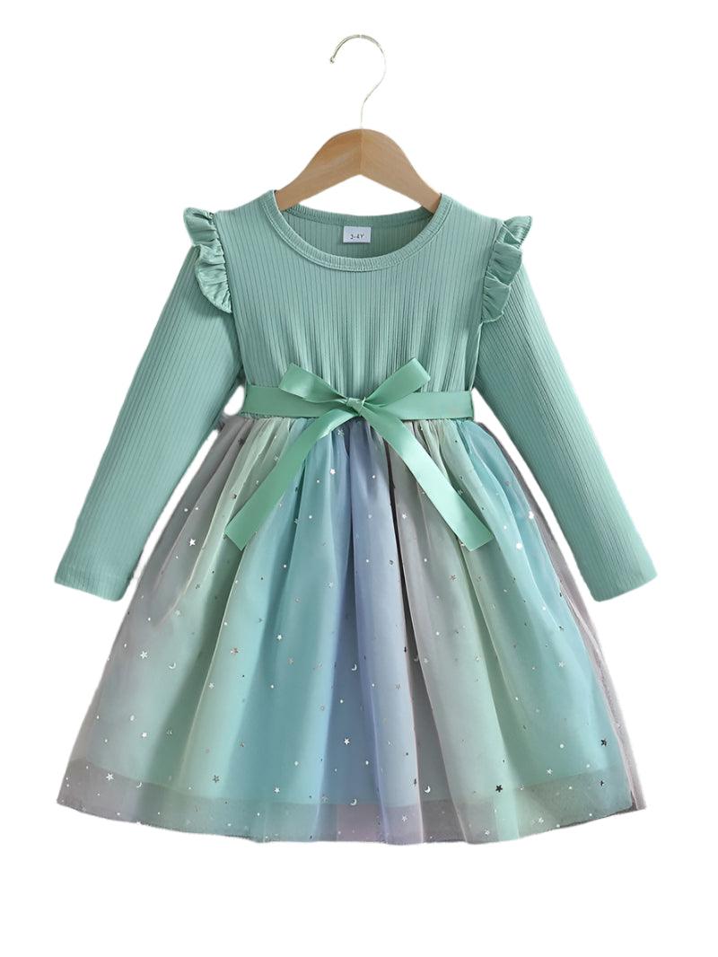 Enchanting Starry Sky Sequin Mesh Dress – Long-Sleeved Bow Dress for Girls - JVMCL