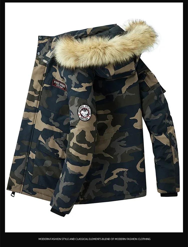 Men's Winter Camouflage Cargo Jacket - Thick Warm Parka with Fur Hood - JVMCL