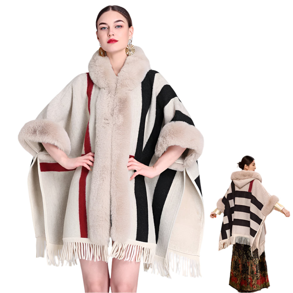 Luxury Women’s Faux Fur Wool Blend Cape Coat – Hooded Long Winter Cardigan Wrap - JVMCL