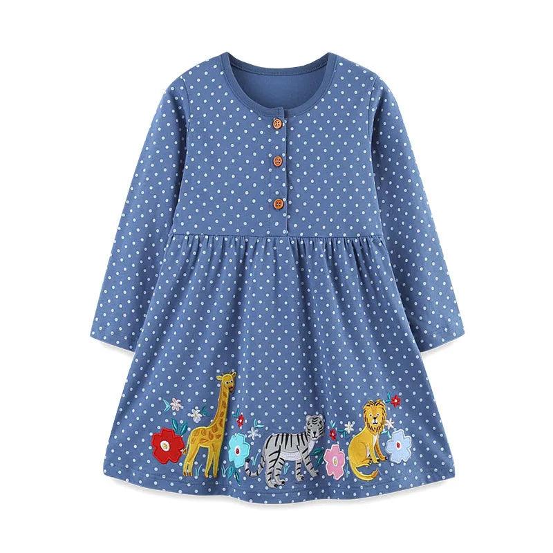 Adorable Animal Applique Princess Dress – Long Sleeve Girls' Party & School Outfit - JVMCL