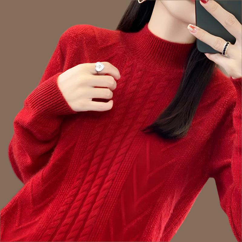 Long-Sleeved -High-Necked Twisted Knit Wool Pullover Sweater for Autumn/Winter - JVMCL