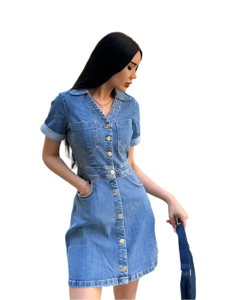 Women’s Retro Denim Mini Dress – Chic & Elegant Street Style for Summer