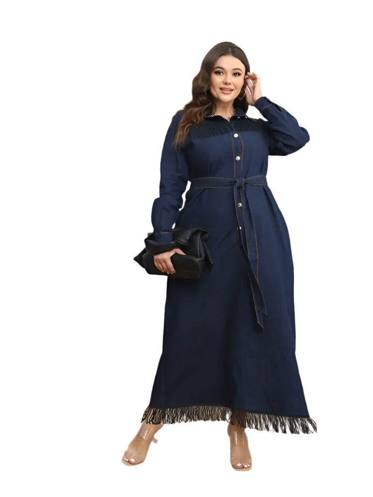 Women’s A-Line Loose-Fit Casual Plus Size Denim Fringe Ruffle Dress