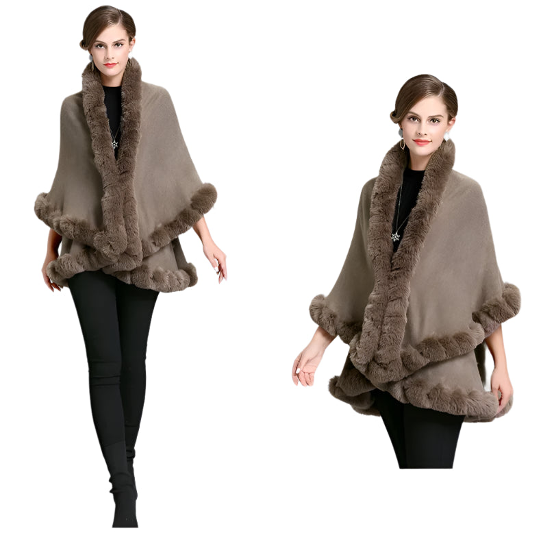 Elegant Outstreet Faux Fox Fur Collar Two-Layer Poncho Cape Cardigan Coat - JVMCL