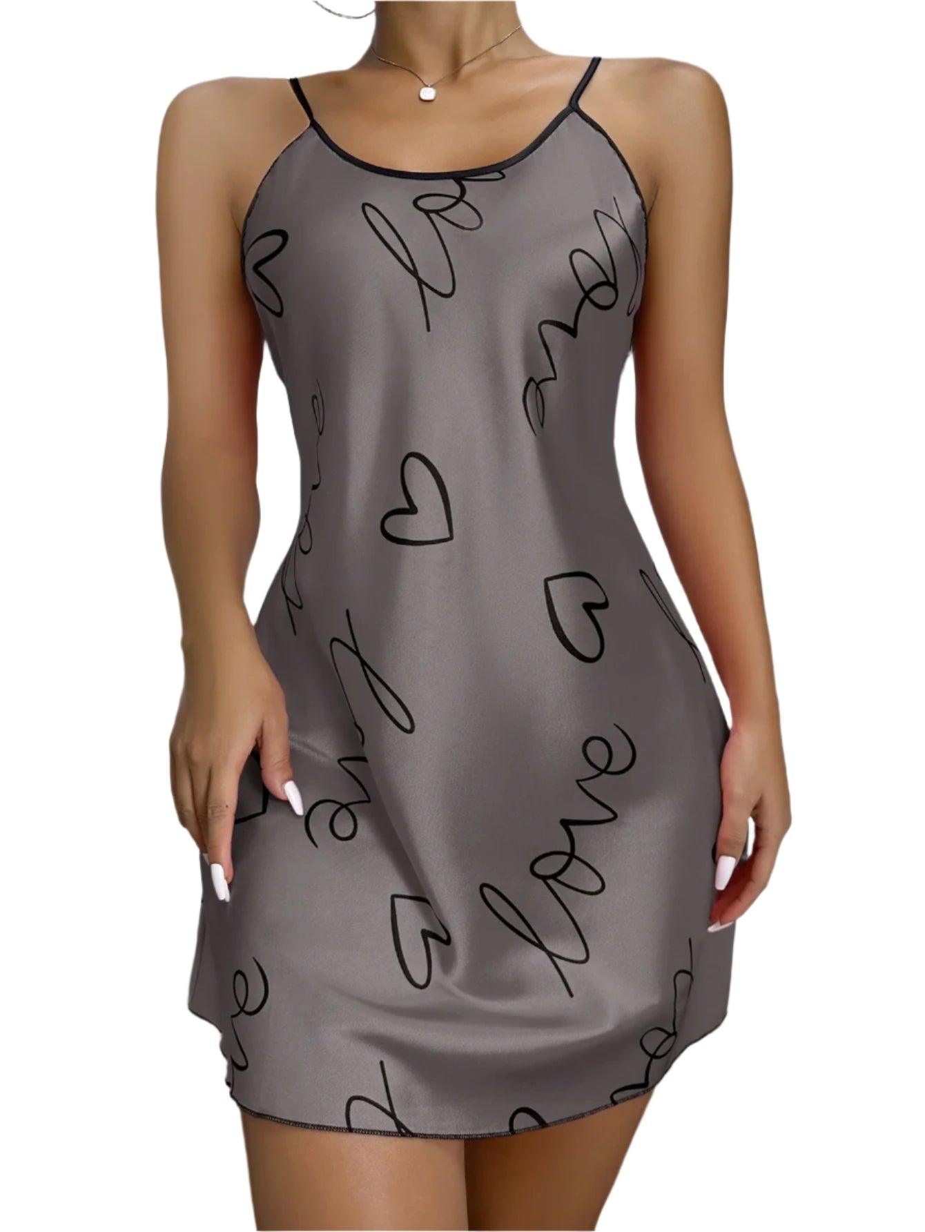 Heart Print Criss-Cross Back Nightdress - Elegant Scoop Neck Sleepwear - JVMCL