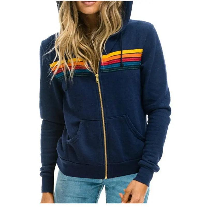 Aviator Nation 5 Stripe Rainbow Hooded Sweatshirt– Slim Fit Fleece Zip-Up Jacket - JVMCL