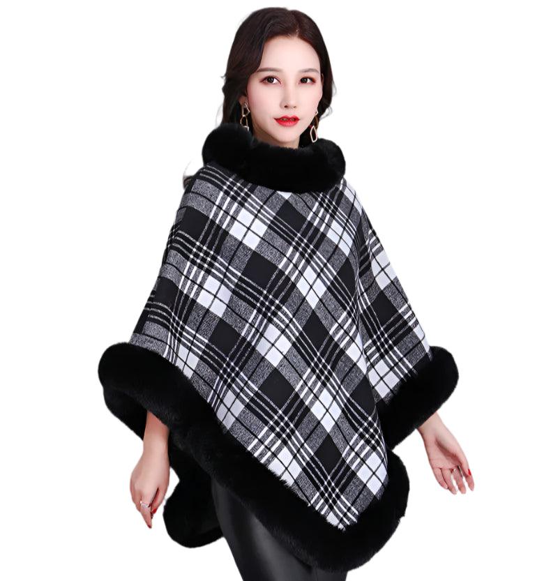 Party Outfit Grey Grid Winter Thick Warm Poncho with Faux Rabbit Fur Collar - JVMCL