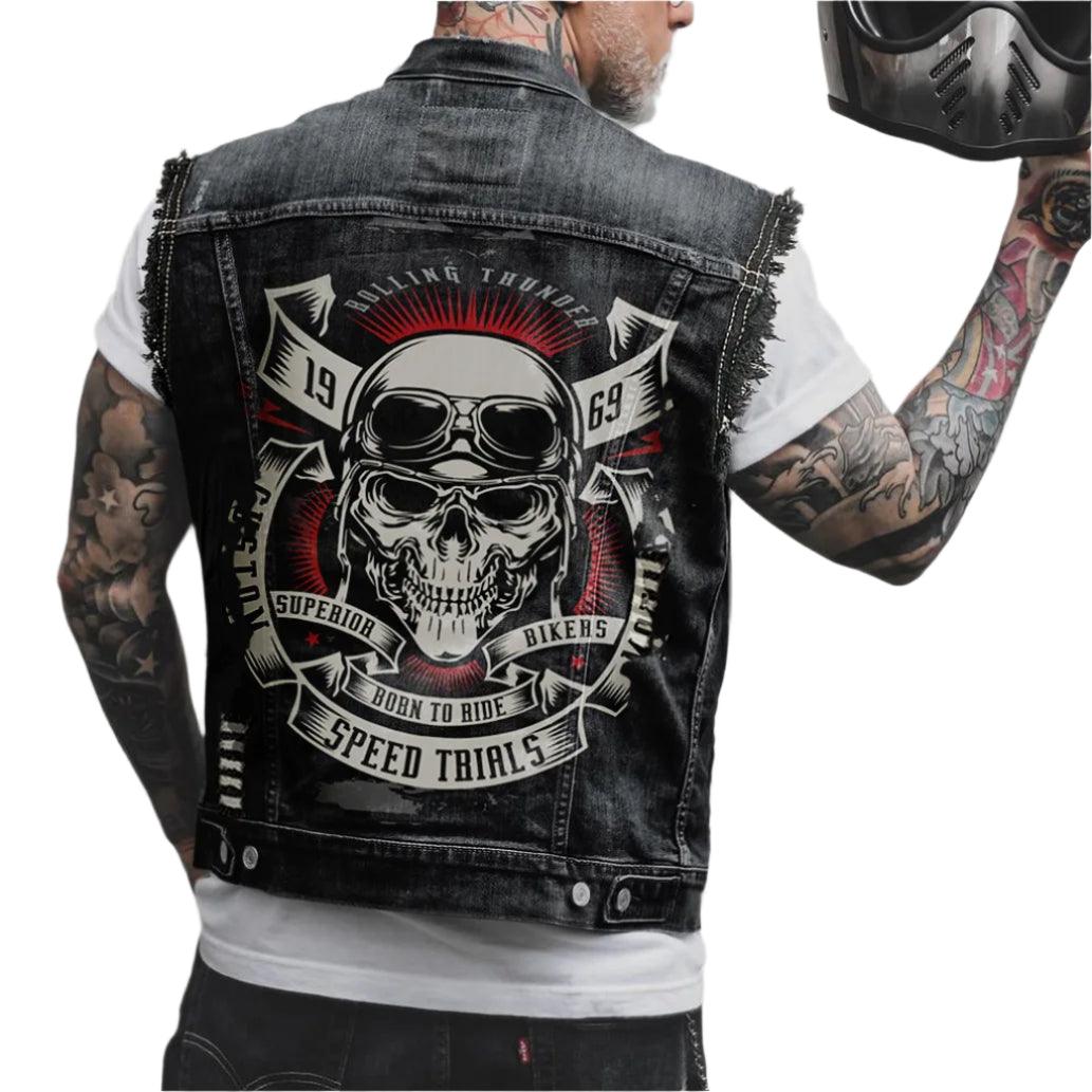 Comfort Stylish Street Riding 3D Print Sleeveless Denim Waist Vest Coat for Men - JVMCL