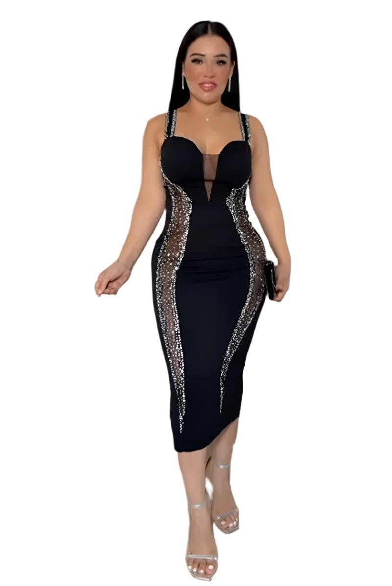 Sexy Spaghetti Strap V-Neck Bandage Bodycon Dress - Elegant Patchwork Midi Dress - JVMCL