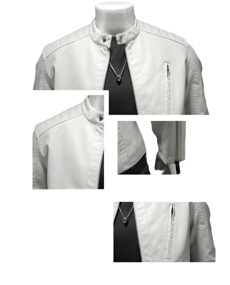 Men Slim Fit Casual Motorcycle White Large Size Stand Faux Leather Jacket Outerwear 5xl - JVMCL