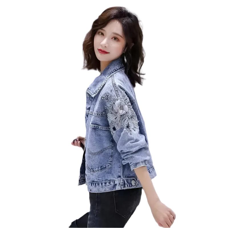 Small Embroidered Short Outerwear Denim with Beads & Pearls Jacket Jean Coat - JVMCL