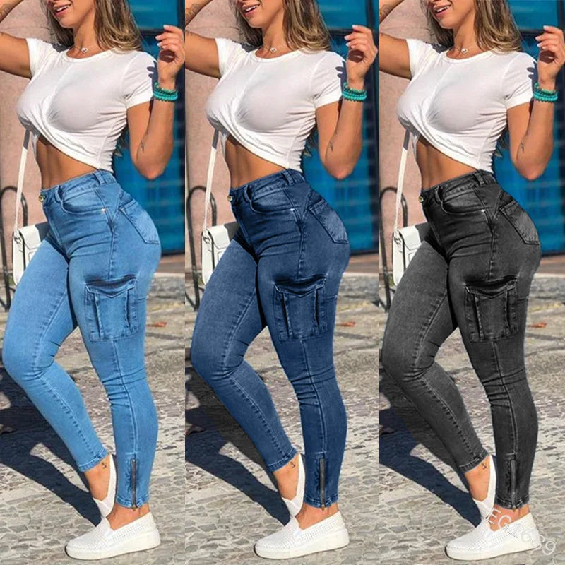 Women’s High Waist Distressed Cargo Jeans – Trendy Streetwear with a Slim Fit