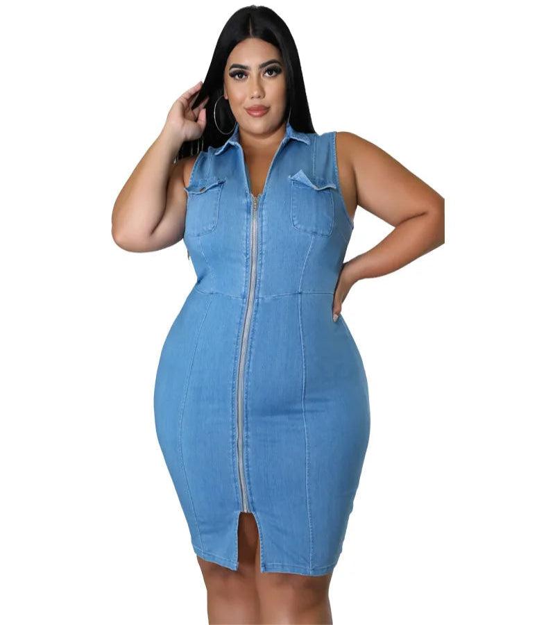 Comfortable Fit Elegant Plus Size Sleeveless Zipper Denim Dress for Women - JVMCL