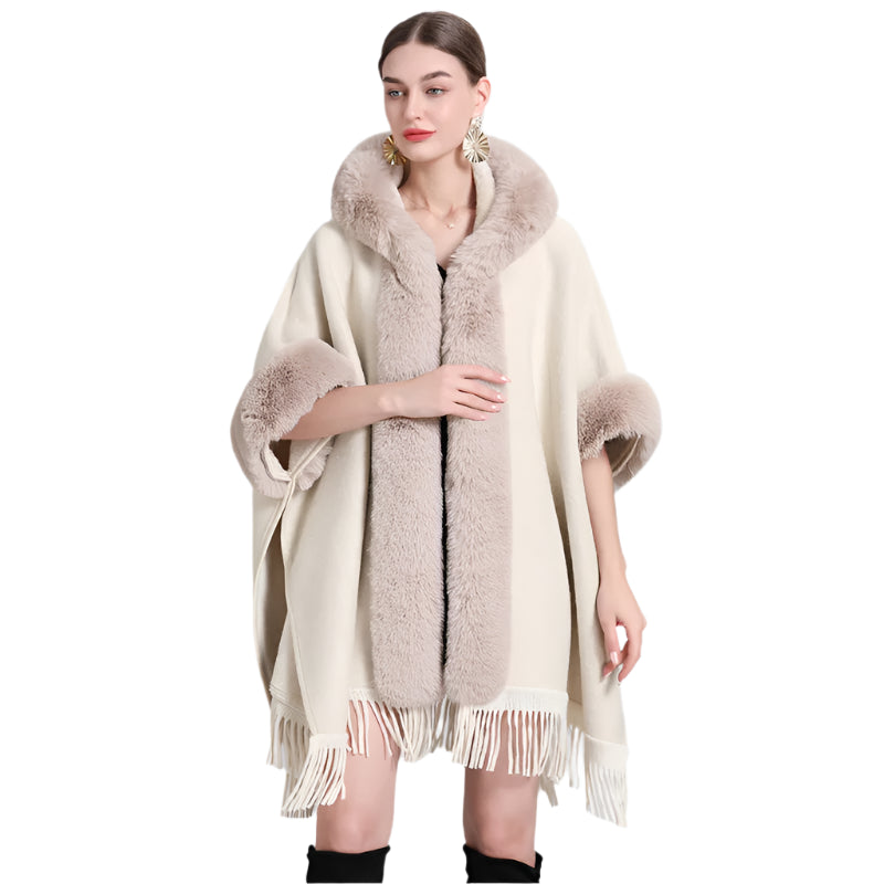 Hooded Thick Batwing Sleeve Faux Rabbit Fur Collar Velvet Cloak Tassel Poncho - JVMCL