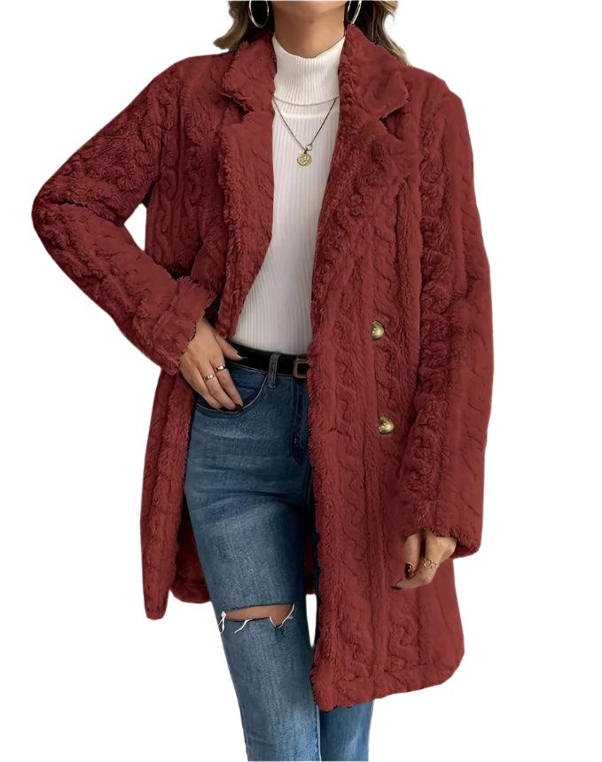 Women's Casual Double-Breasted Wool Coat – Warm Coral Velvet Long Jacket - JVMCL